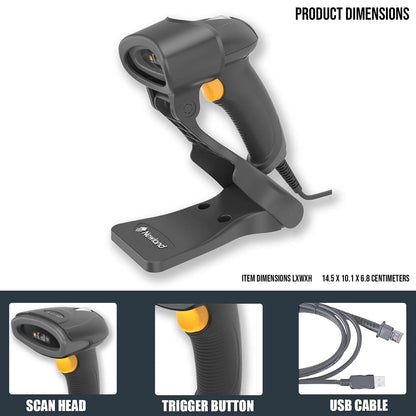 Newland NLS-HR2081-Lite handheld 2D barcode scanner with stand, dimensions, scan head, trigger, and USB cable details -tpstech.in