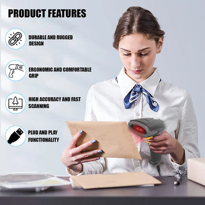 Woman using Newland NLS-HR2081-Lite handheld 2D barcode scanner for high accuracy document scanning in an office -tpstech.in