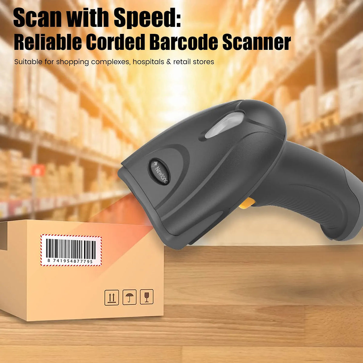 Newland NLS-HR2081-Lite handheld 2D corded barcode scanner scanning a product parcel in a warehouse setting -tpstech.in