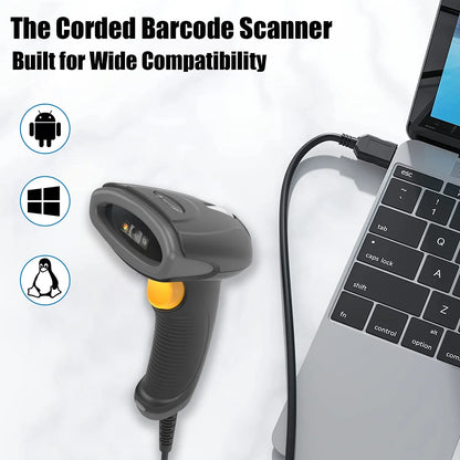 Newland NLS-HR2081-Lite handheld 2D corded barcode scanner connected via USB to a laptop with multi-OS support -tpstech.in