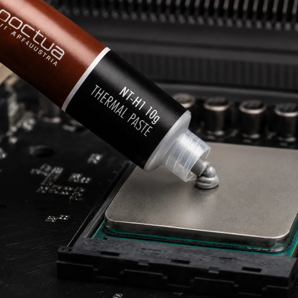 Close-up of Noctua NT-H1 10g thermal compound applied on a processor for high-performance CPU cooling.