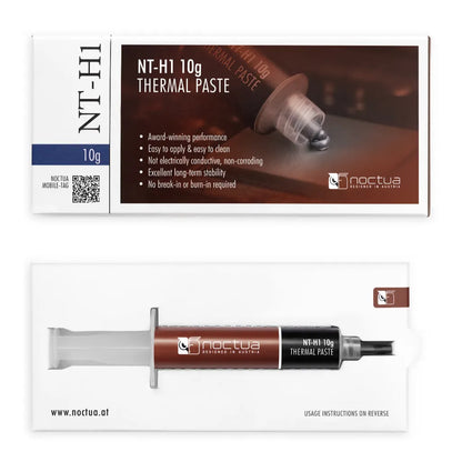 Retail packaging of Noctua NT-H1 10g thermal paste with syringe and product information.