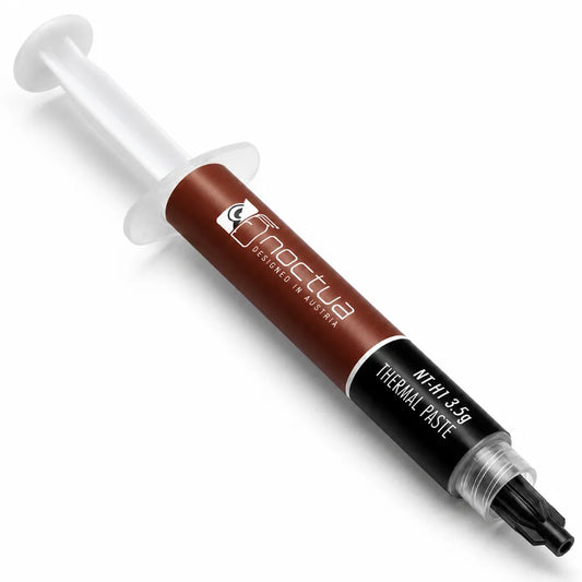 Noctua NT-H1 3.5g thermal paste syringe front angled view for CPU and GPU cooling.