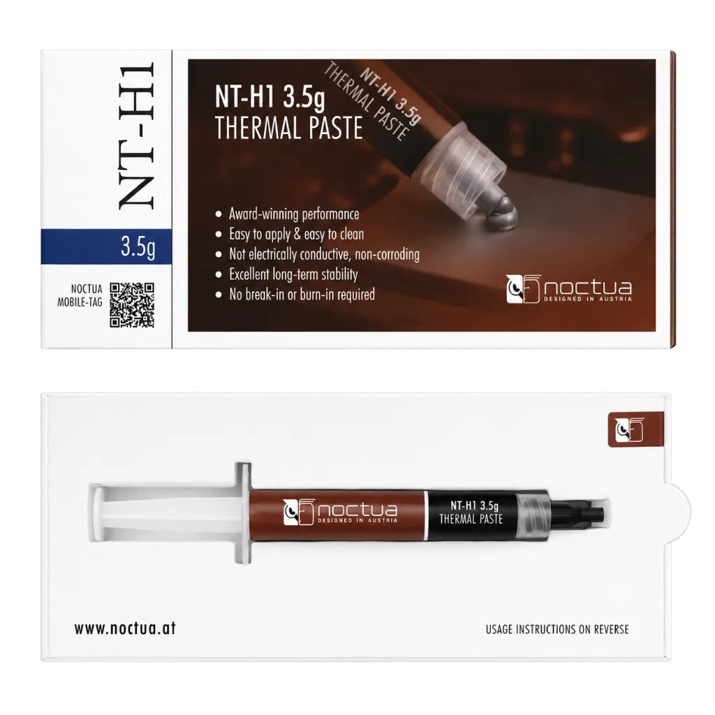 Noctua NT-H1 3.5g thermal paste retail packaging with syringe and product box.