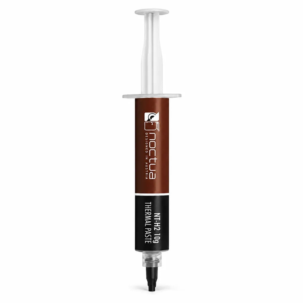 Front view of Noctua NT-H2 10g non-conductive thermal paste syringe for PC processors, gaming systems and workstations.