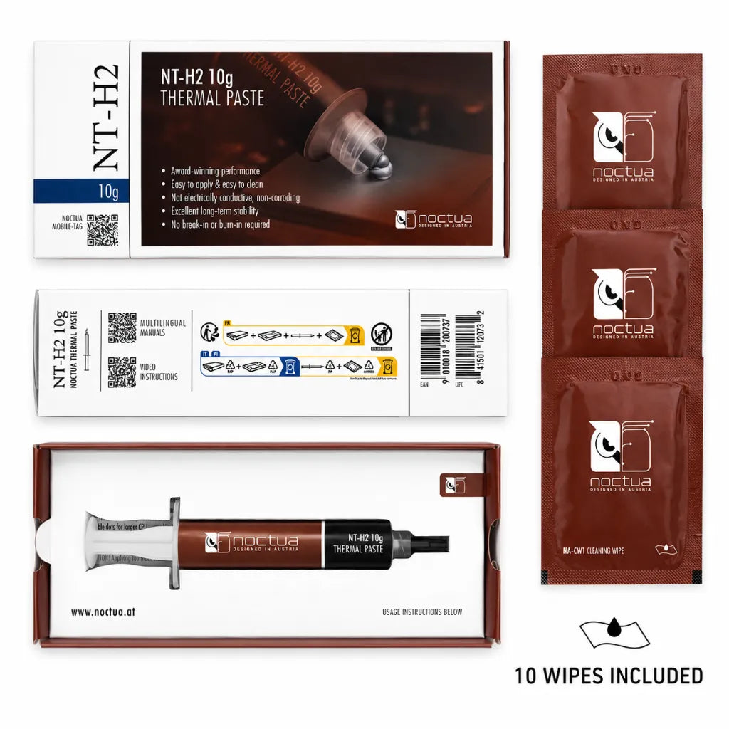 Noctua NT-H2 10g thermal paste retail package including syringe and 10 NA-CW1 cleaning wipes for CPU and GPU thermal paste installation.