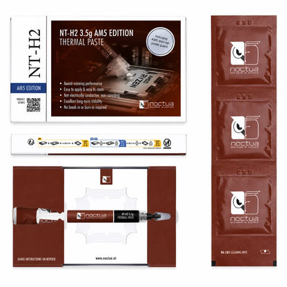 Noctua NT-H2 3.5g AM5 Edition retail package showing thermal paste syringe, AM5 guard and three NA-CW1 cleaning wipes.
