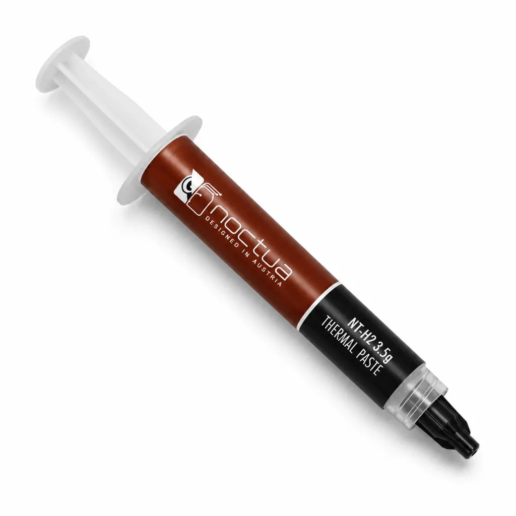 Angled view of the Noctua NT-H2 3.5g high-performance thermal paste syringe for PC cooling applications.