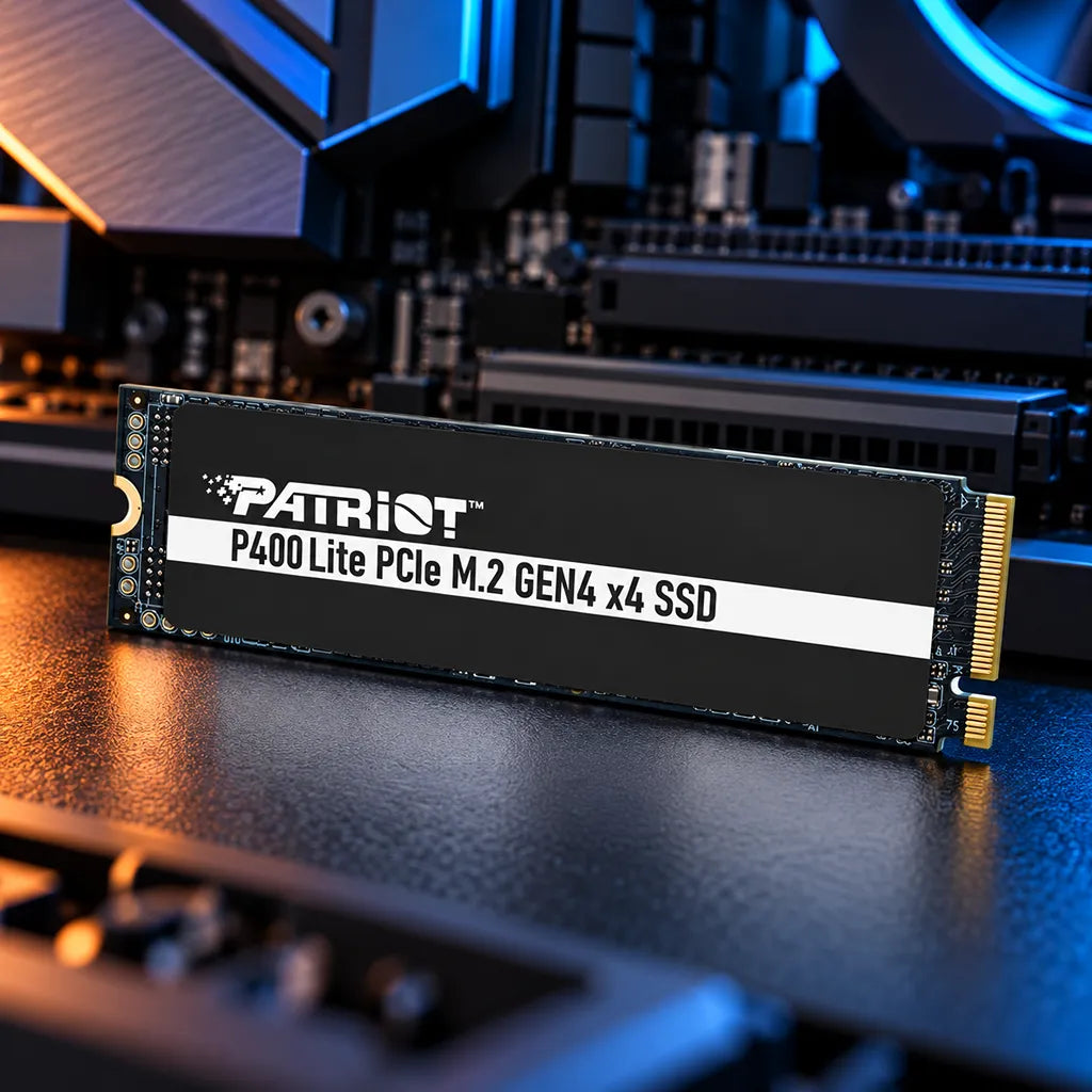 Patriot Memory P400 Lite 1TB PCIe Gen4 NVMe SSD showcased in front of motherboard components with blue ambient lighting -tpstech.in