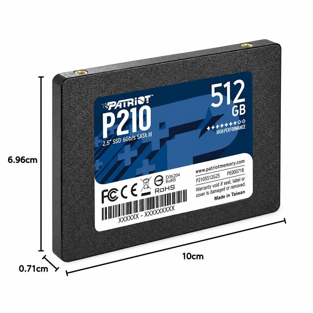 Patriot P210 512GB 2.5 Inch SATA III Internal SSD product dimensions infographic showing length width and thickness -tpstech.in