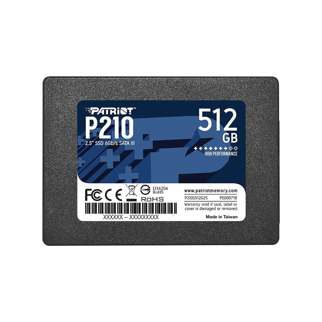 Patriot P210 512GB 2.5 Inch SATA III Internal SSD front view showing label specifications and model number -tpstech.in