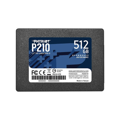Patriot P210 512GB 2.5 Inch SATA III Internal SSD front view showing label specifications and model number -tpstech.in