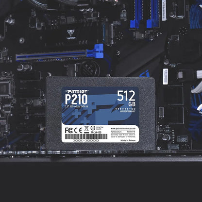 Patriot P210 512GB 2.5 Inch SATA III Internal SSD installed inside custom gaming PC build near motherboard -tpstech.in
