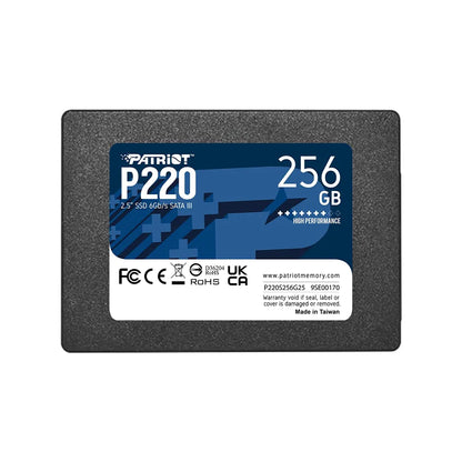 Patriot P220 256GB SATA III 2.5 Inch Internal SSD front flat top view displaying model sticker and capacity details -tpstech.in