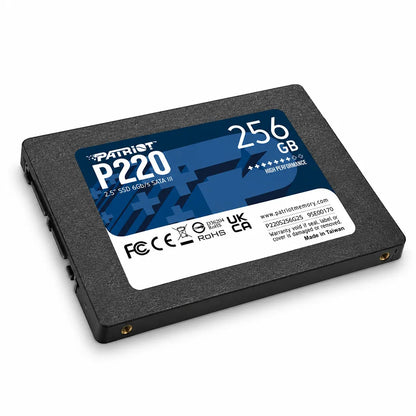 Patriot P220 256GB SATA III 2.5 Inch Internal SSD isometric tabletop showcase view highlighting durable black casing -tpstech.in