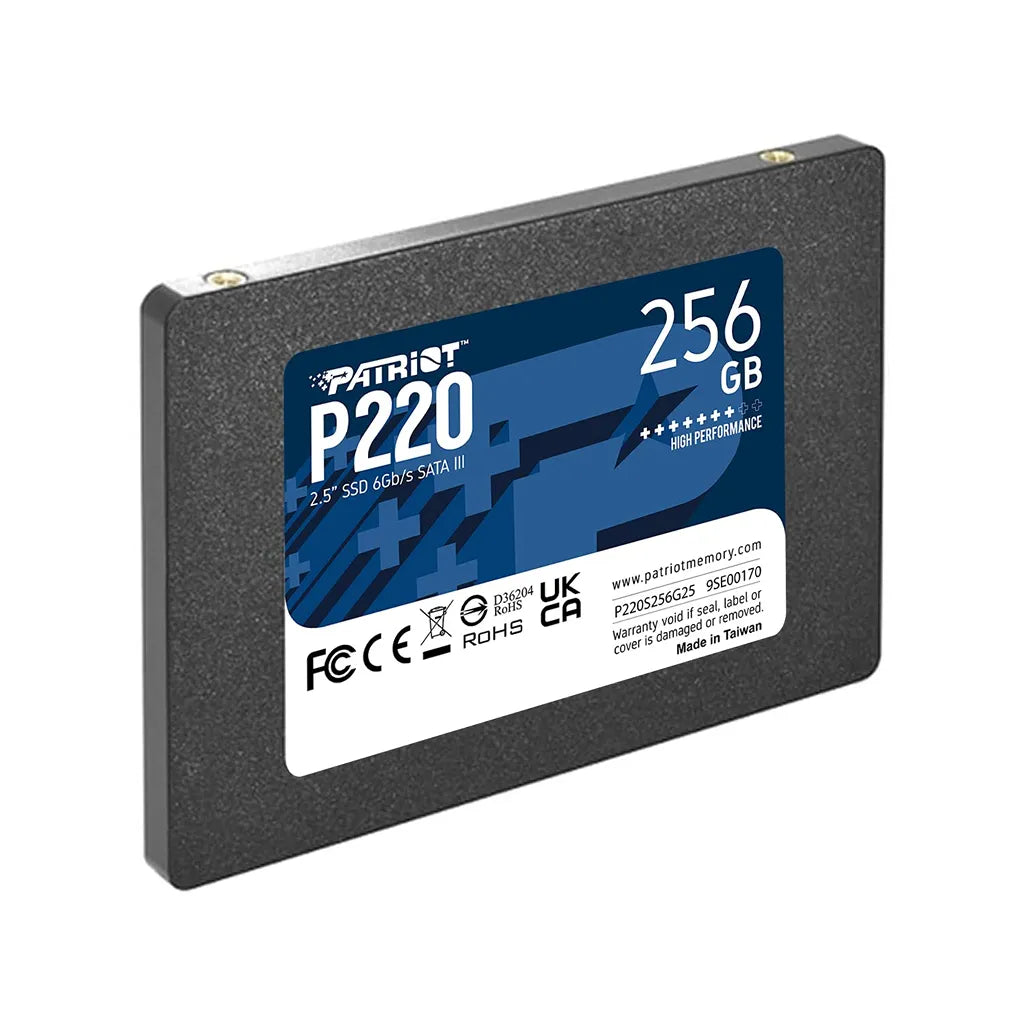 Patriot P220 256GB SATA III 2.5 Inch Internal SSD left angled perspective view on white background -tpstech.in
