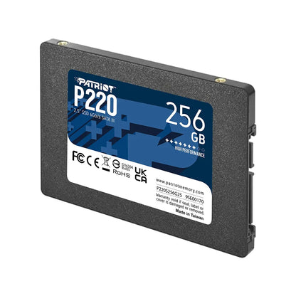 Patriot P220 256GB SATA III 2.5 Inch Internal SSD right angled perspective view showing side screw mounts and SATA connector -tpstech.in