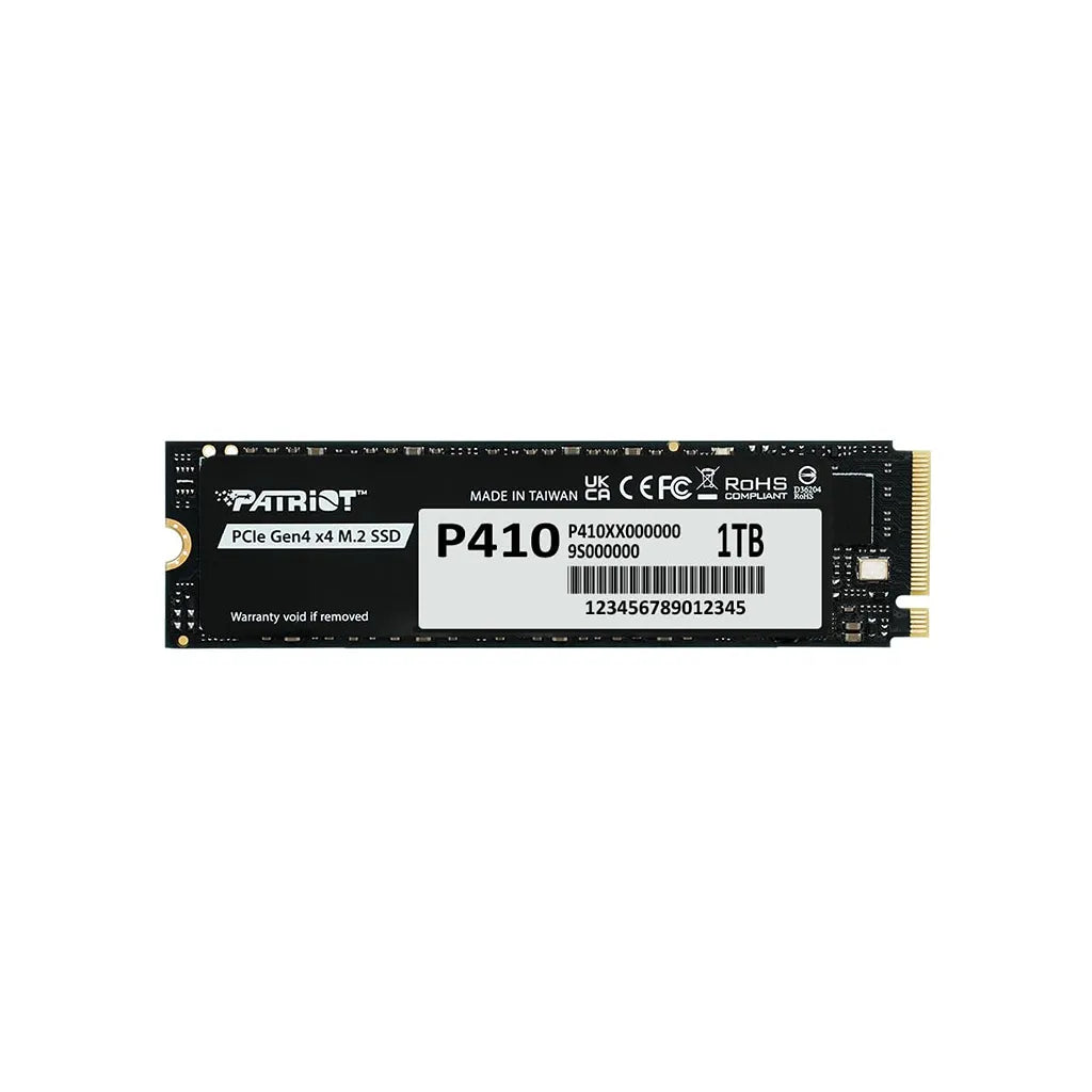 Patriot P410 1TB PCIe Gen4 NVMe SSD for Laptops & Desktops front flat top view displaying model sticker and serial details -tpstech.in