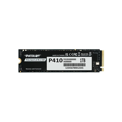 Patriot P410 1TB PCIe Gen4 NVMe SSD for Laptops & Desktops front flat top view displaying model sticker and serial details -tpstech.in