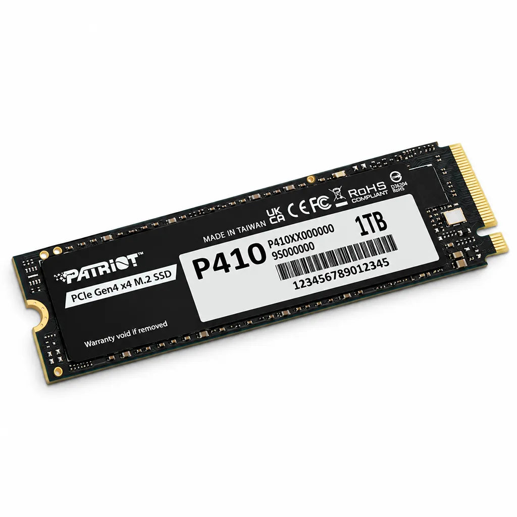 Patriot P410 1TB PCIe Gen4 NVMe SSD for Laptops & Desktops top perspective angle view showing PCB circuitry and gold pins -tpstech.in