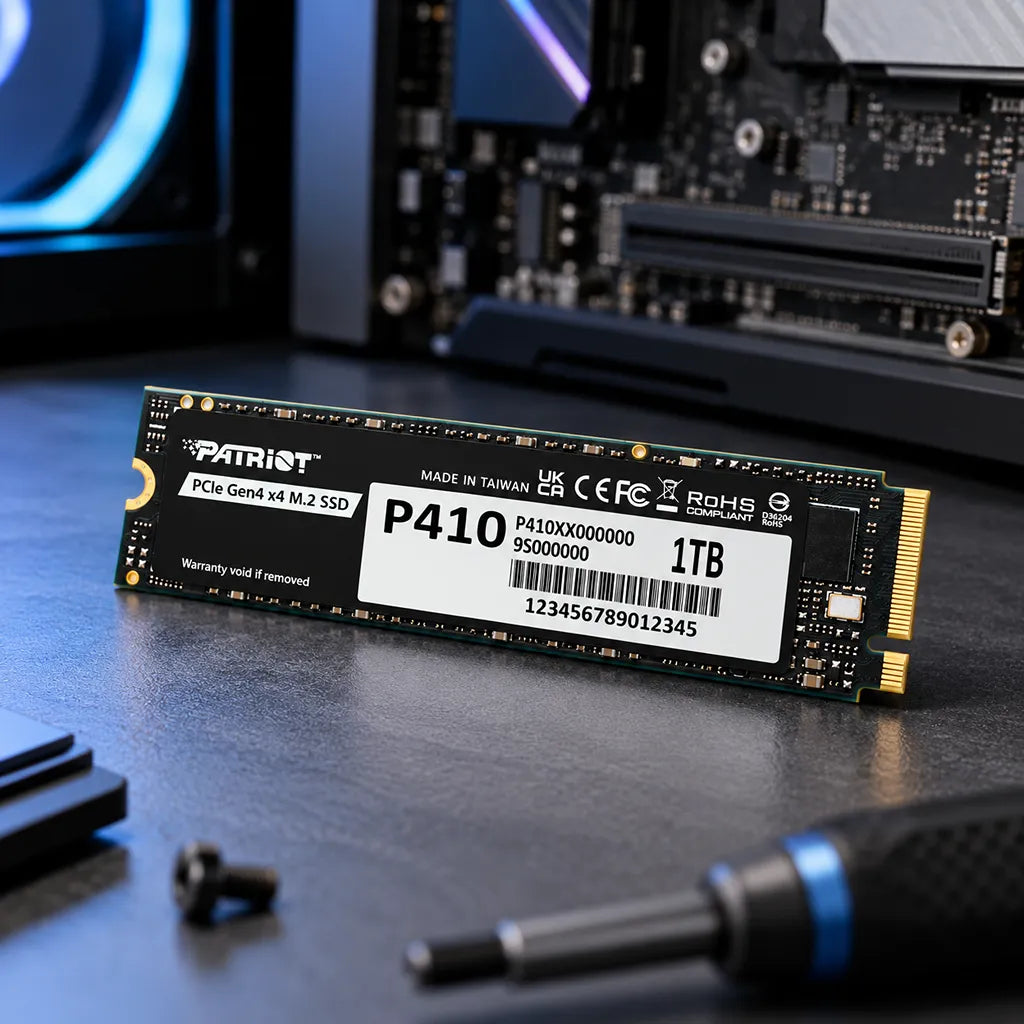 Patriot P410 1TB PCIe Gen4 NVMe SSD on workstation desk with screwdriver ready for desktop PC upgrade installation -tpstech.in