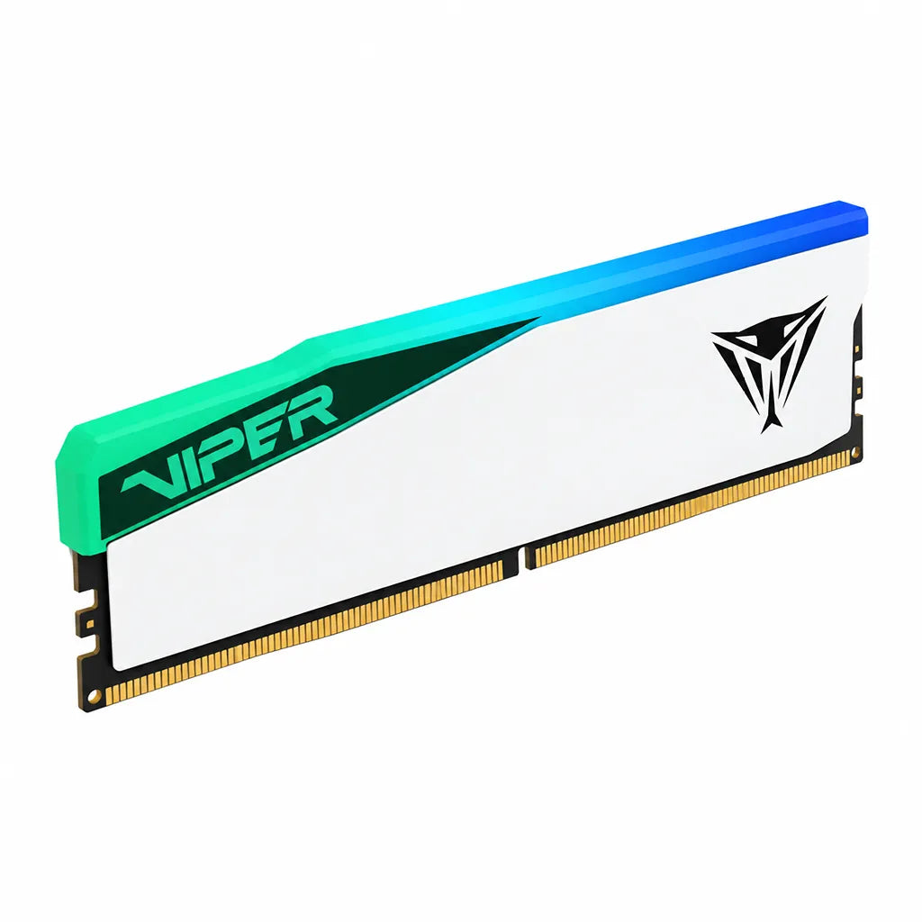 Patriot Viper Elite 5 RGB 16GB DDR5 6000MHz CL30 RAM elevated side angle shot highlighting gold contact pins and RGB bar -tpstech.in
