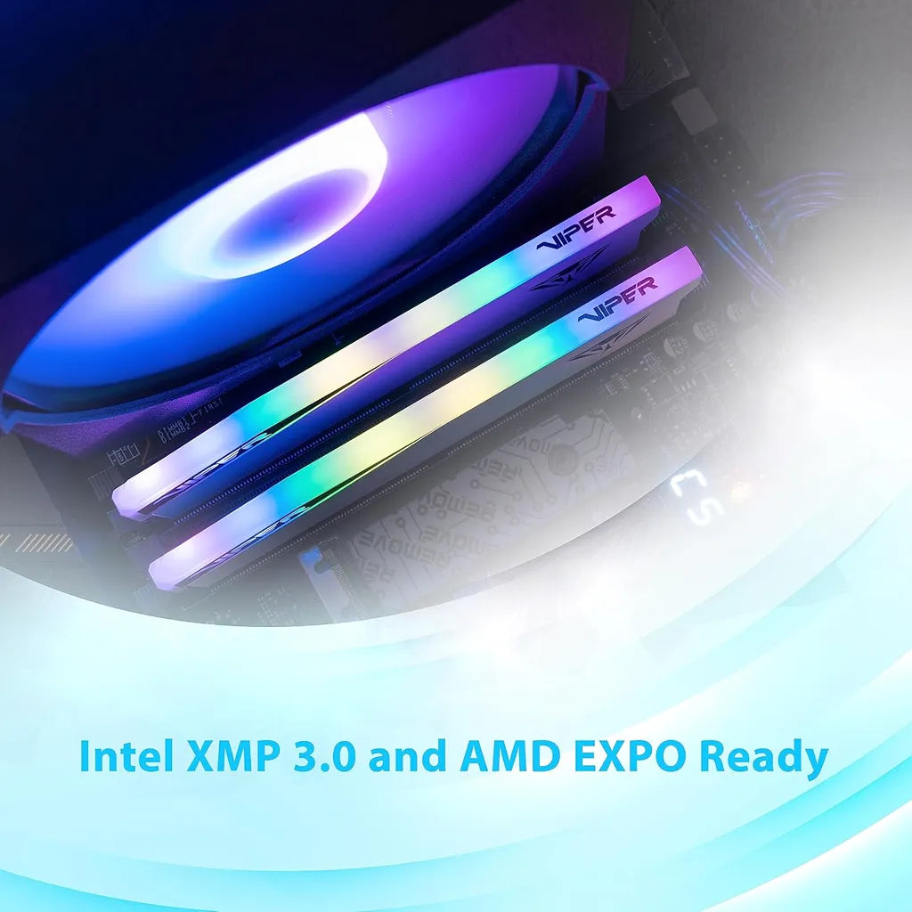 Patriot Viper Elite 5 RGB 32GB 2X16GB DDR5 6000MTs CL30 RAM illuminated on motherboard highlighting Intel XMP 3.0 and AMD EXPO support -tpstech.in