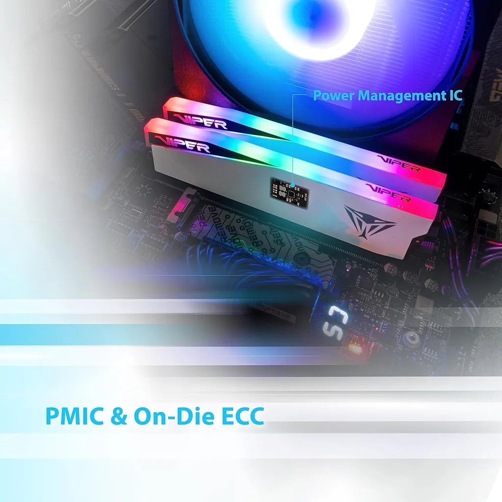 Patriot Viper Elite 5 RGB 32GB 2X16GB DDR5 6000MTs CL30 RAM installed in gaming motherboard showing PMIC and On-Die ECC feature -tpstech.in