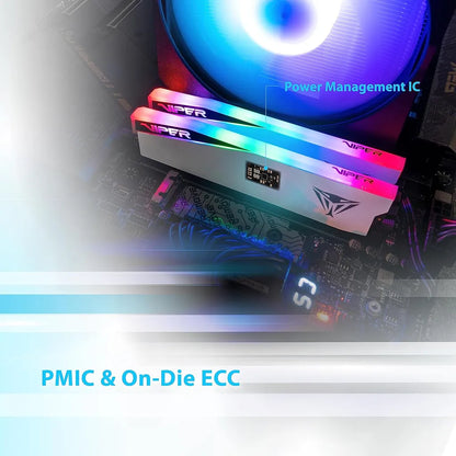 Patriot Viper Elite 5 RGB 32GB 2X16GB DDR5 6000MTs CL30 RAM installed in gaming motherboard showing PMIC and On-Die ECC feature -tpstech.in