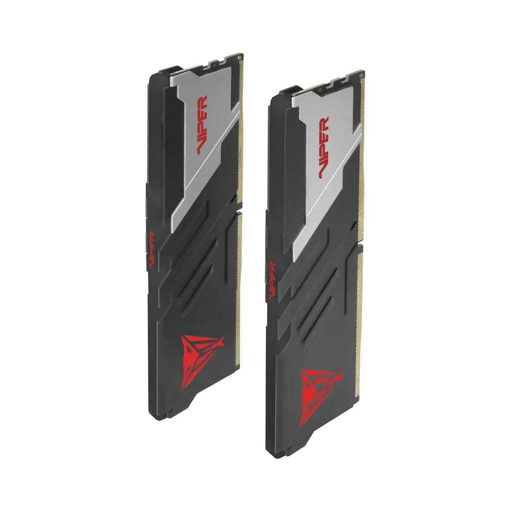 Patriot Viper Venom DDR5 32GB 2X16GB 6000MT/s desktop memory modules standing upright showing top edge Viper branding and dual-tone heatsink finish -tpstech.in