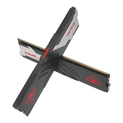 Patriot Viper Venom DDR5 32GB 2X16GB 6000MT/s desktop RAM modules crossed view showcasing aggressive matte black and silver aluminum heat shield with red Viper logo -tpstech.in