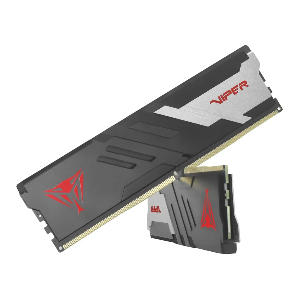 Patriot Viper Venom DDR5 32GB 2X16GB 6000MT/s gaming desktop RAM dual stick kit angled perspective highlighting heat spreader grooves and gold contact pins -tpstech.in