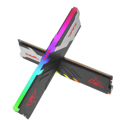 Patriot Viper Venom RGB 32GB 2X16GB DDR5 RAM 6000MTs CL30 crossed X pattern display highlighting top RGB lighting diffusion -tpstech.in