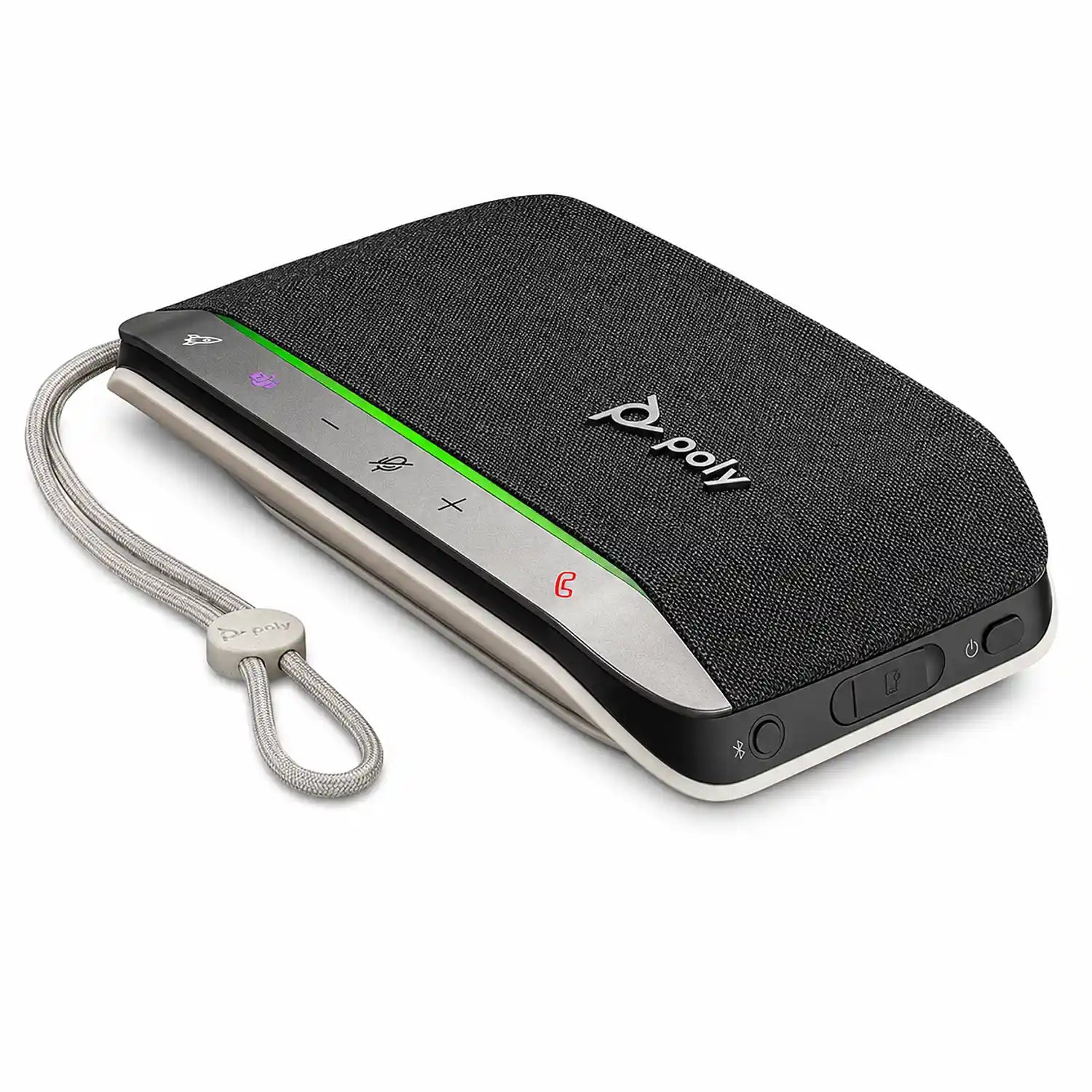 Poly Sync 20-M Bluetooth USB speakerphone angled view showing controls, Bluetooth button and lanyard-tpstech.in