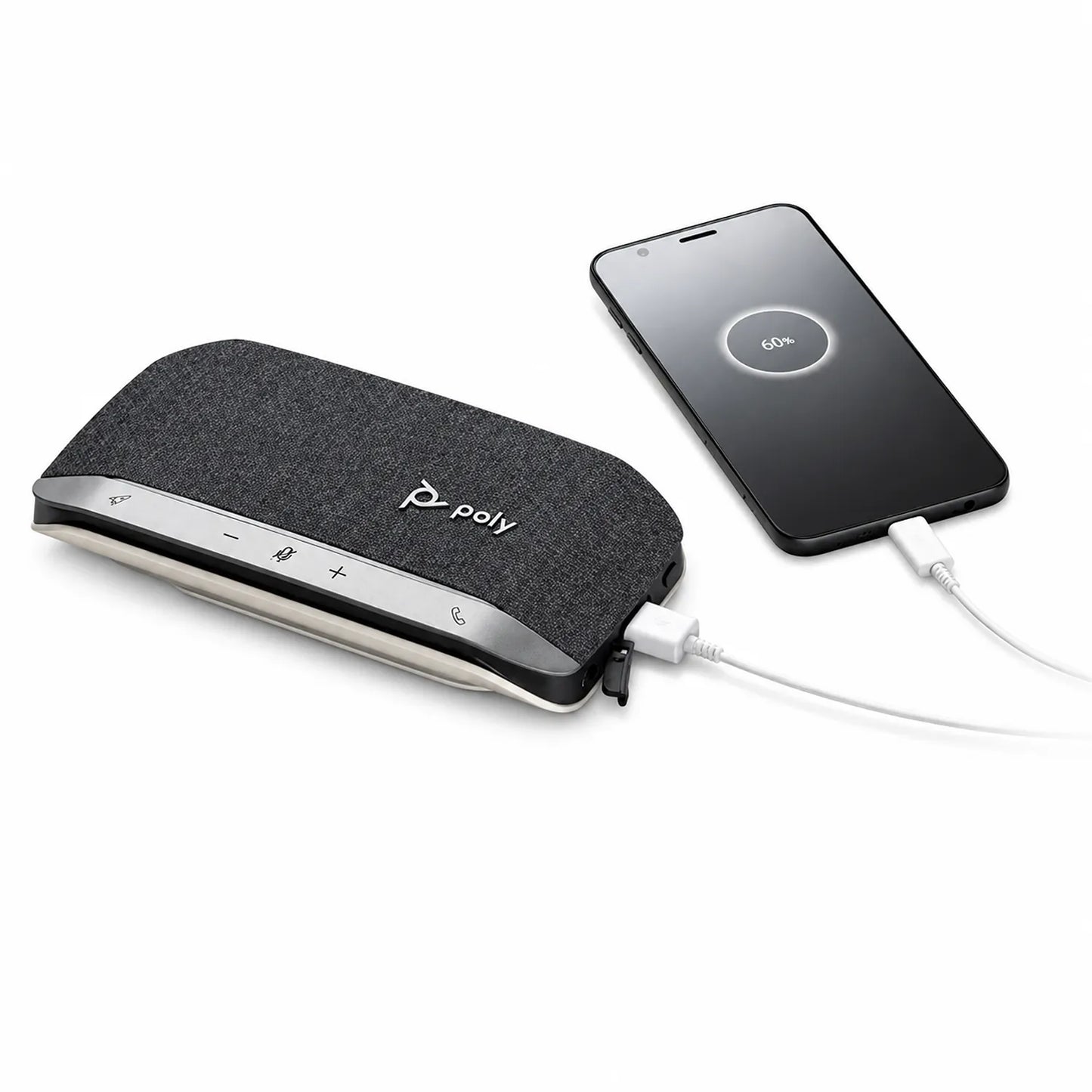 Poly Sync 20-M USB Bluetooth speakerphone connected to a smartphone for wireless conferencing-tpstech.in
