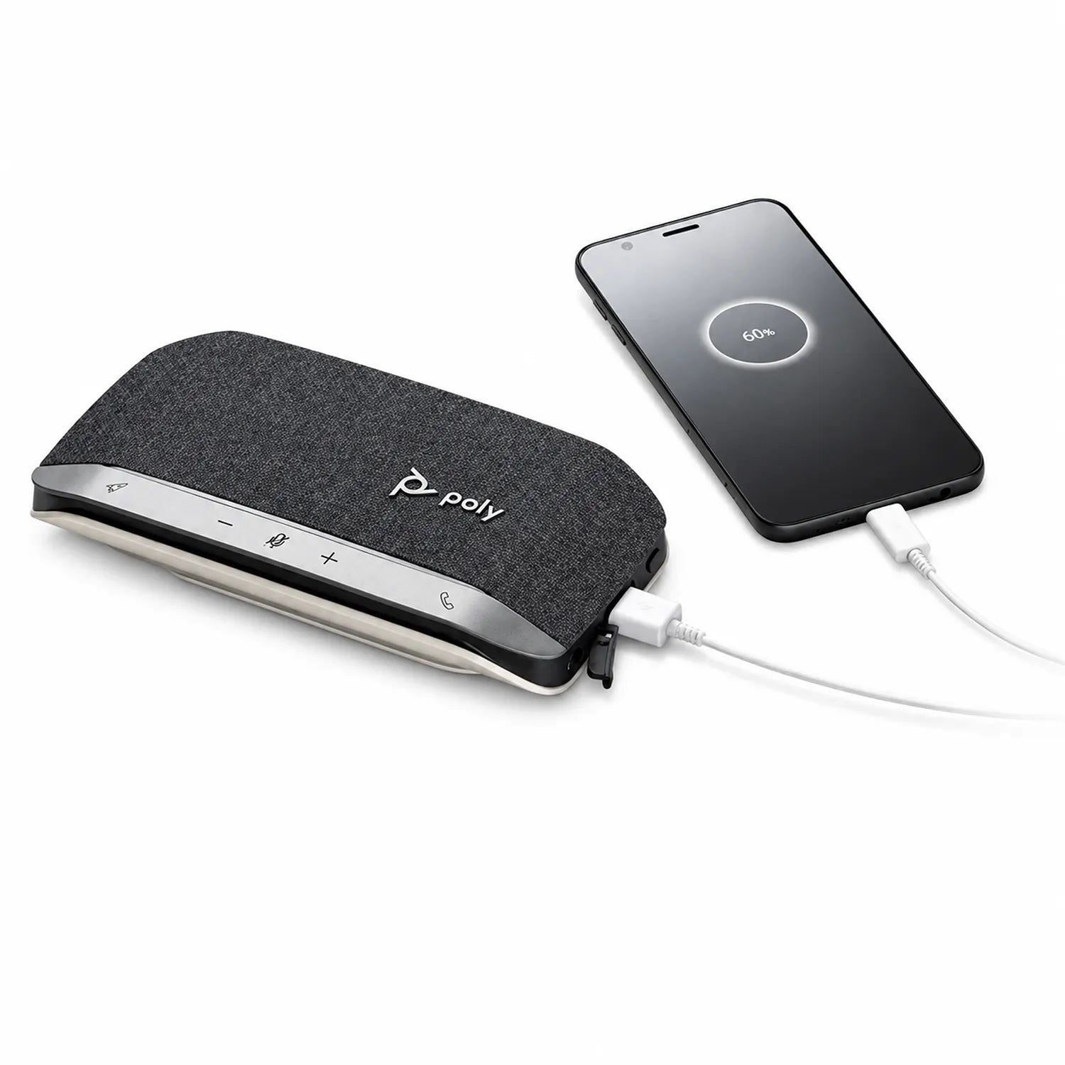 Poly Sync 20-M USB Bluetooth speakerphone connected to a smartphone for wireless conferencing-tpstech.in