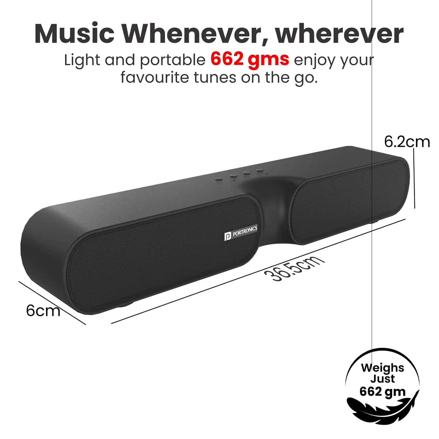 Portronics Decibel 20 POR 1734 16W Bluetooth soundbar showing compact physical dimensions and lightweight 662g build -tpstech.in
