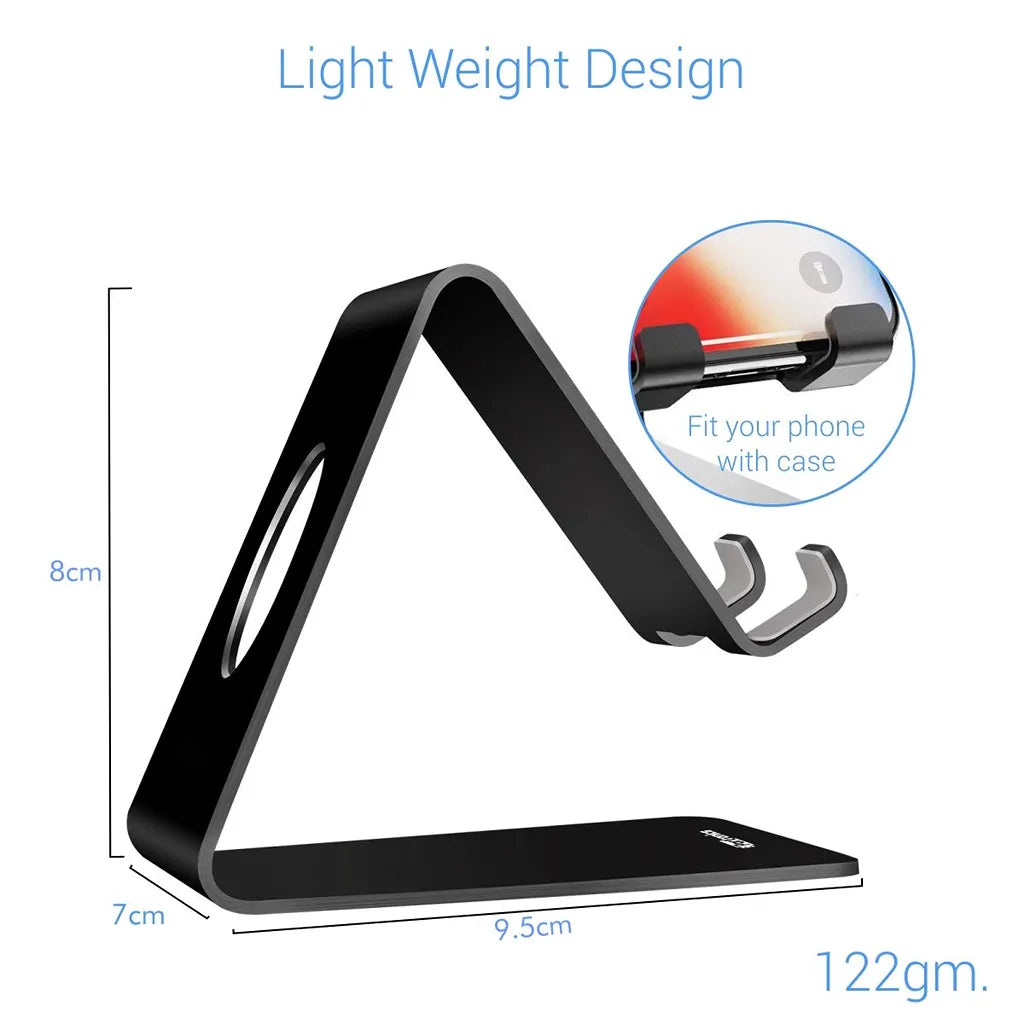 Portronics Modesk POR 122 Universal Stainless Steel Mobile Holder Black lightweight design with compact dimensions and case-friendly support -tpstech.in