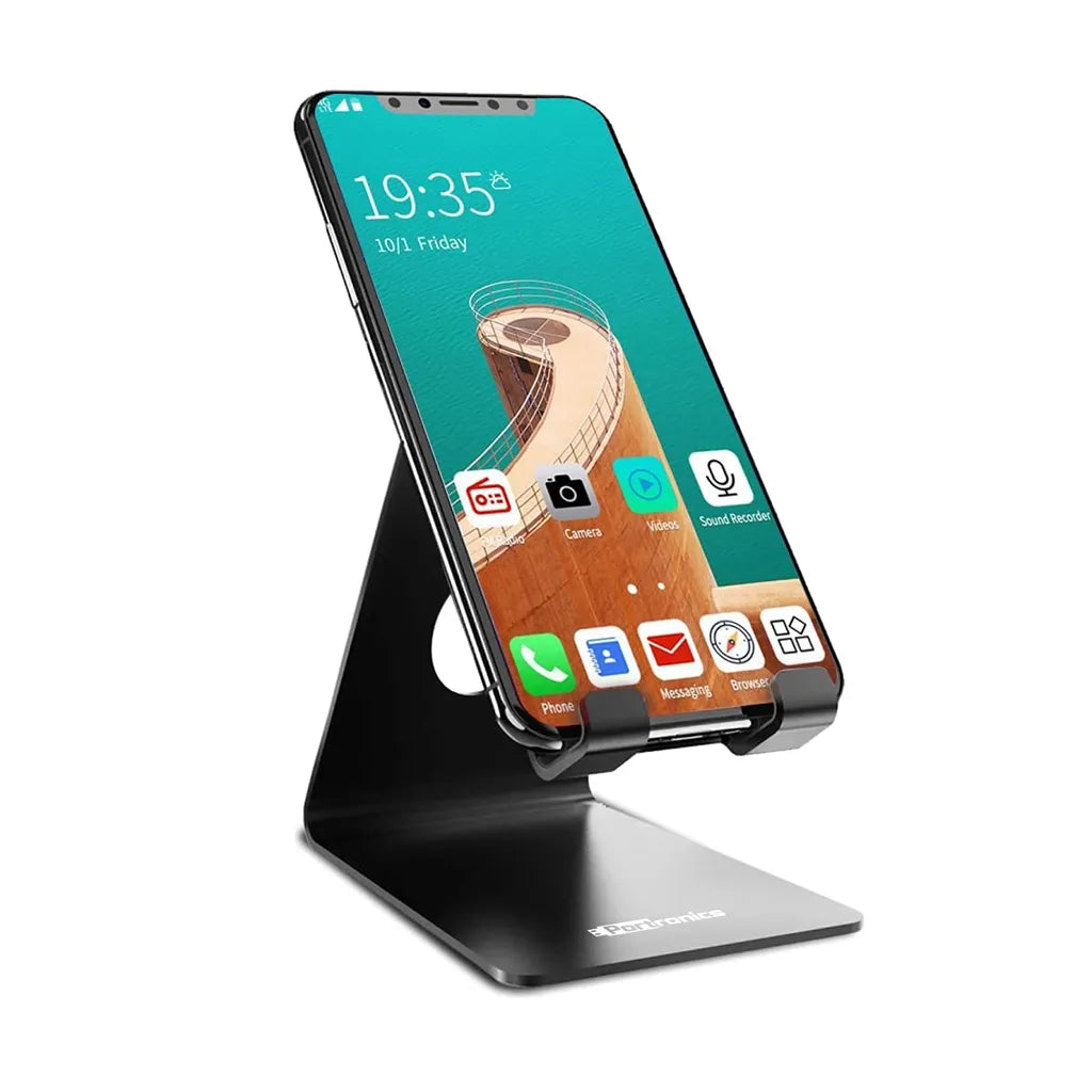Portronics Modesk POR 122 Universal Stainless Steel Mobile Holder Black front view with sturdy metal stand for smartphones -tpstech.in