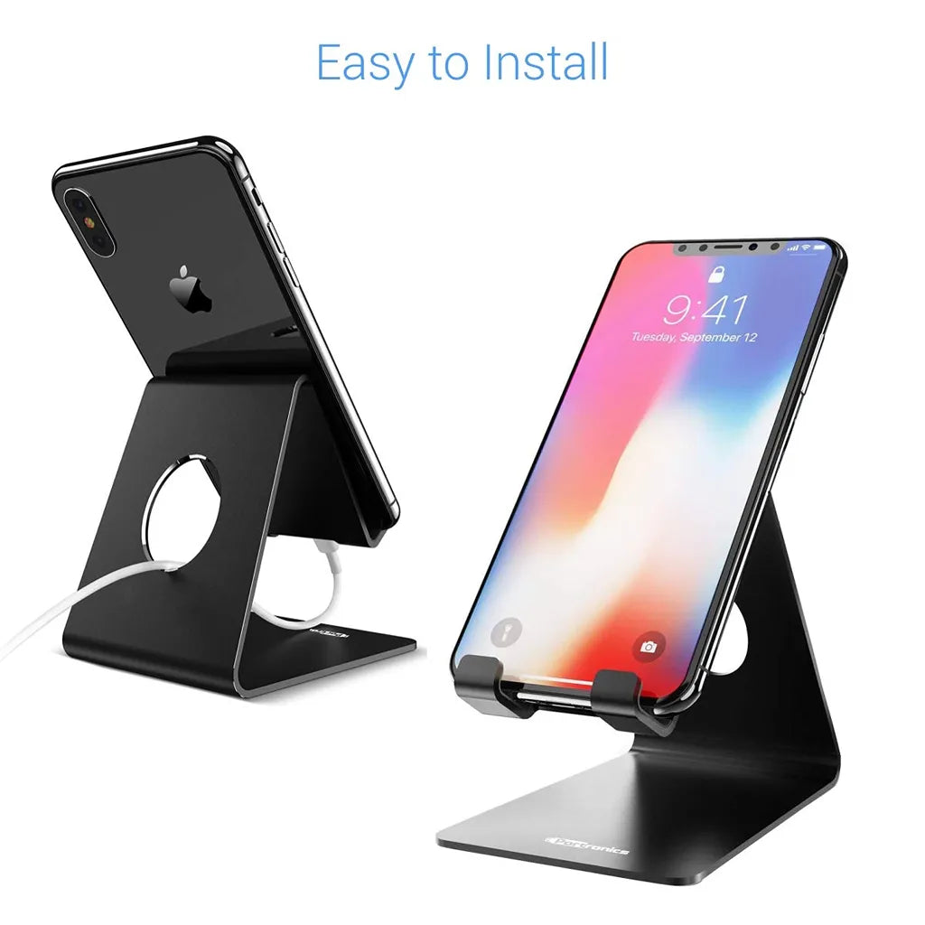 Portronics Modesk POR 122 Universal Stainless Steel Mobile Holder Black showing easy installation and charging cable access -tpstech.in