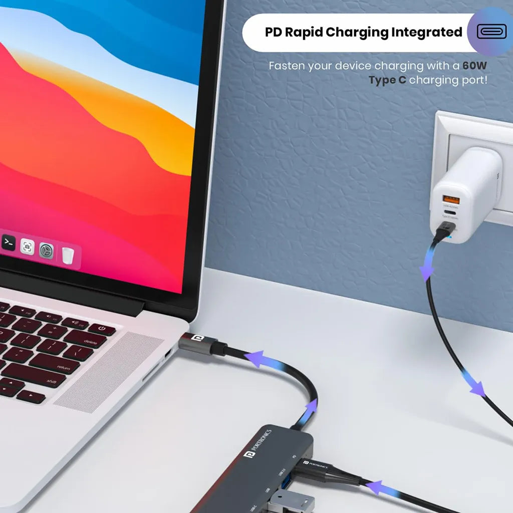 Portronics Mport 52 POR 1631 7-in-1 Type-C Multiport Hub with 4K HDMI supporting 60W USB Type-C Power Delivery fast charging -tpstech.in