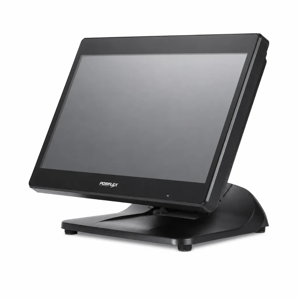 Posiflex PS-6216 Intel Core i3 11th Gen touch POS terminal front left angle view with 15.6-inch PCAP touchscreen.