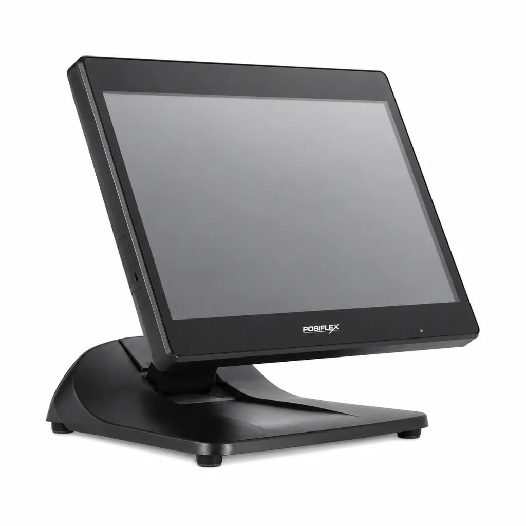 Front right angle view of Posiflex PS-6216 15.6-inch touchscreen POS terminal for retail and hospitality.