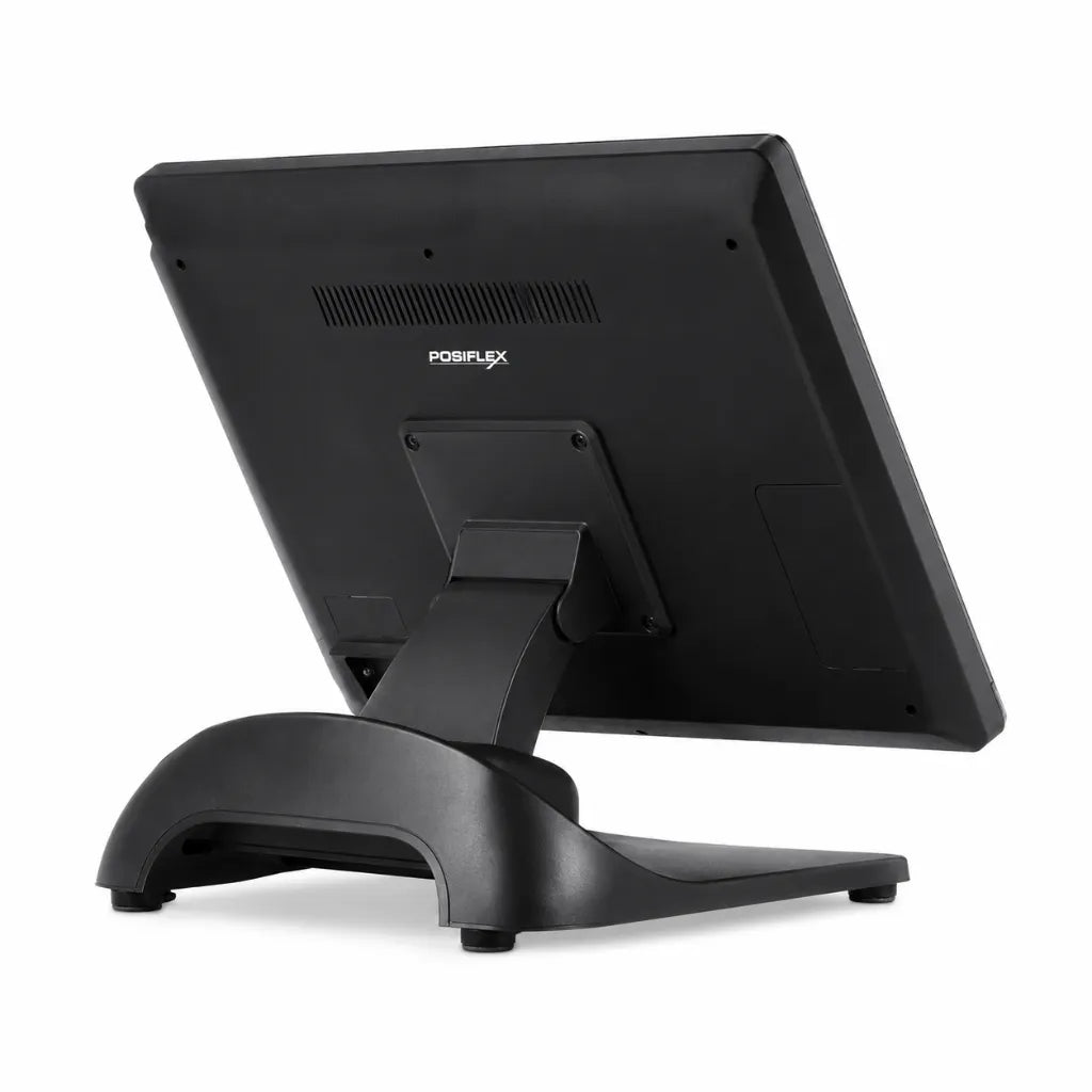 Rear left view of Posiflex PS-6216 touch POS terminal showing adjustable stand and slim commercial design.