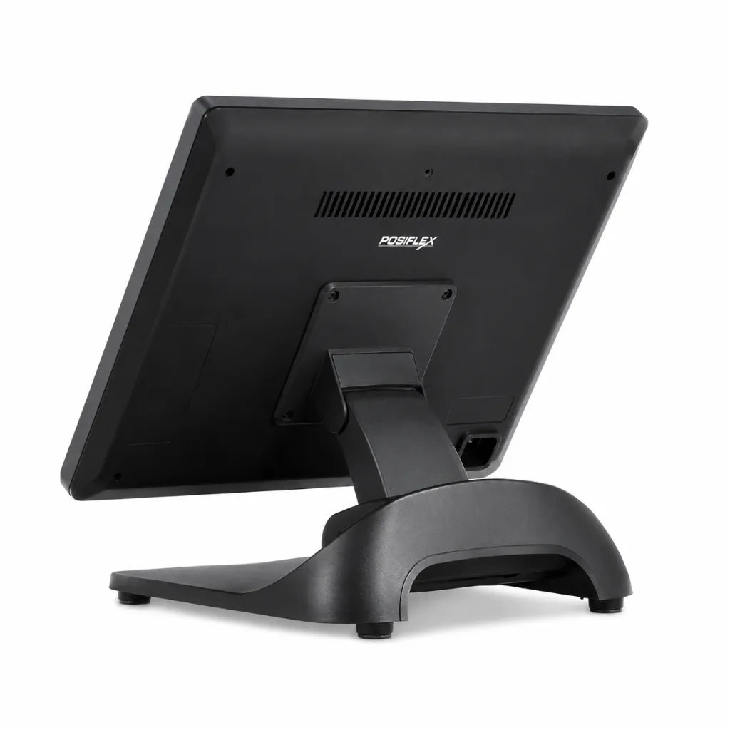 Rear right angle view of Posiflex PS-6216 Intel Core i3 touch POS terminal with ergonomic stand.