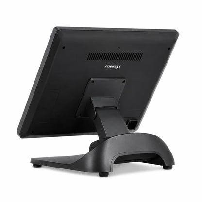Rear right angle view of Posiflex PS-6216 Intel Core i3 touch POS terminal with ergonomic stand.