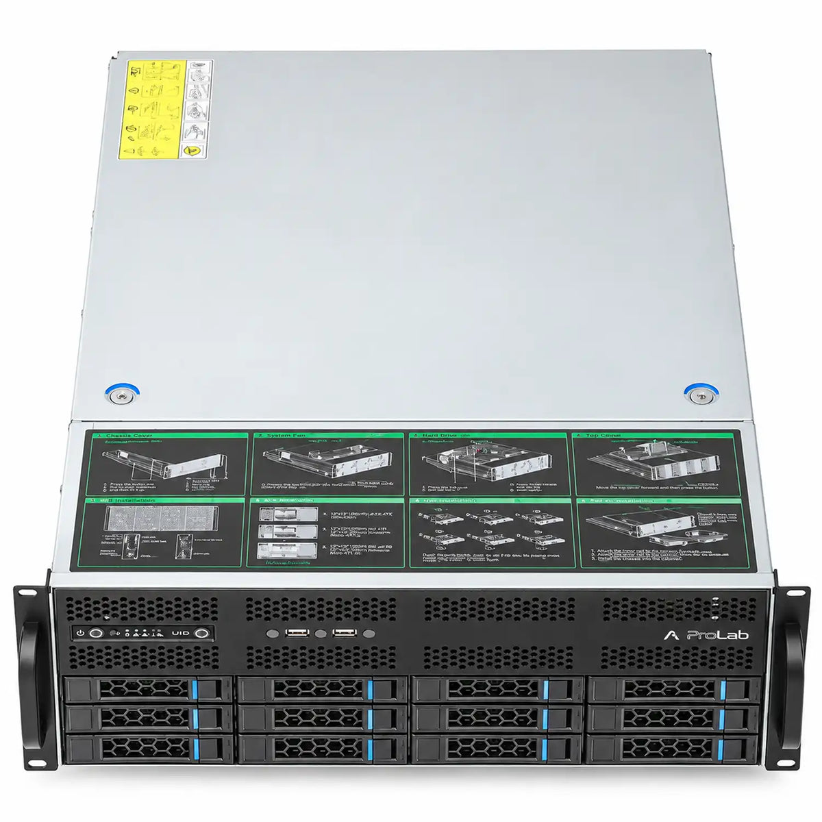 ProLab Design PL-465-12 4U rackmount server chassis top view with front drive bay layout-tpstech.in