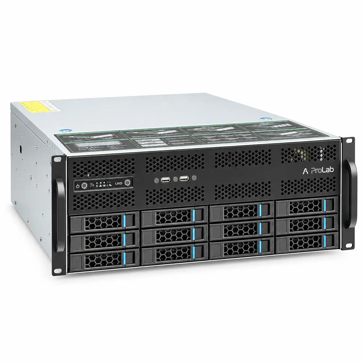 ProLab Design PL-465-12 4U server chassis front angle view with rack handles and drive bays-tpstech.in