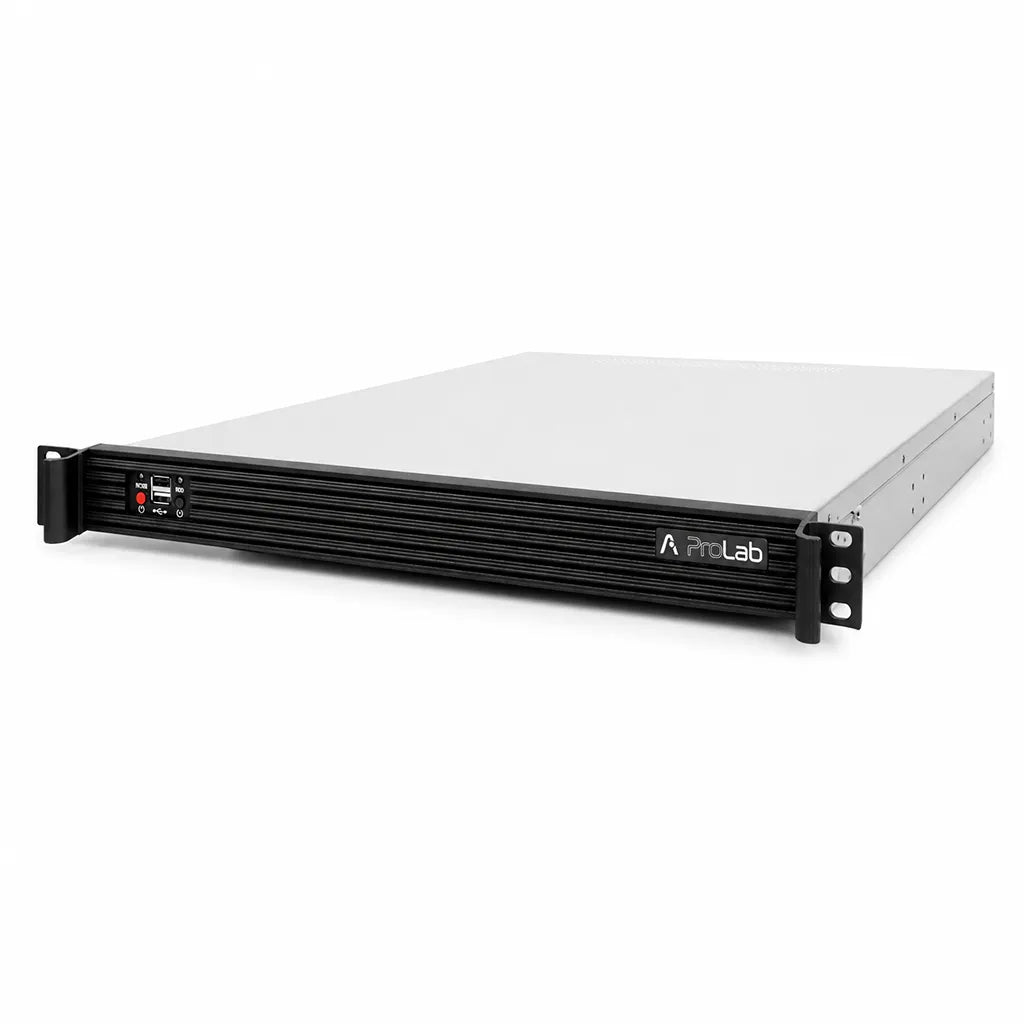 ProLab PL-1U-650L 1U rackmount server chassis front angled view showing rack mounting brackets and front panel -tpstech.in