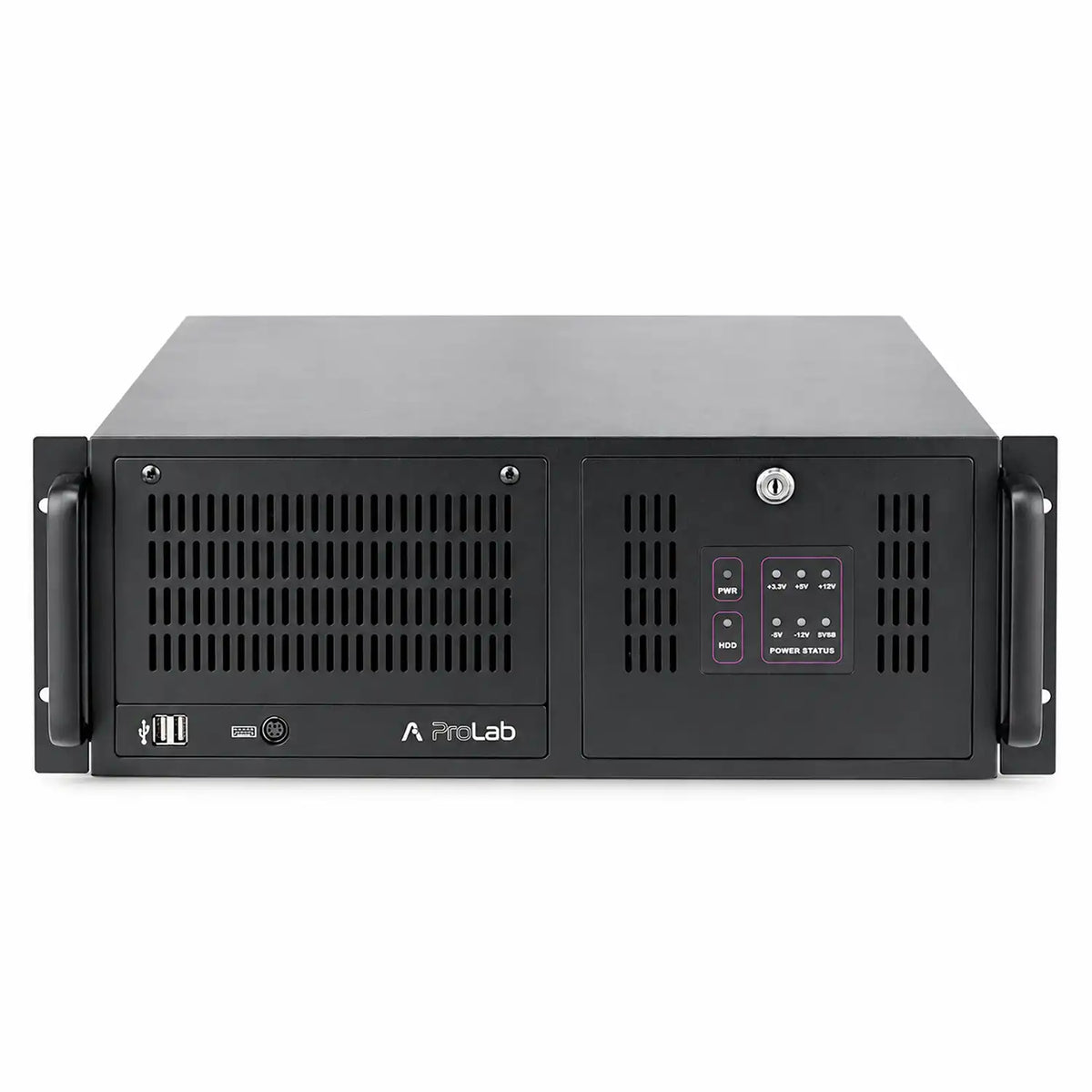 ProLab PL-4U-610-IC 4U rackmount server chassis front panel view showing dual handles lock and ventilation grilles -tpstech.in